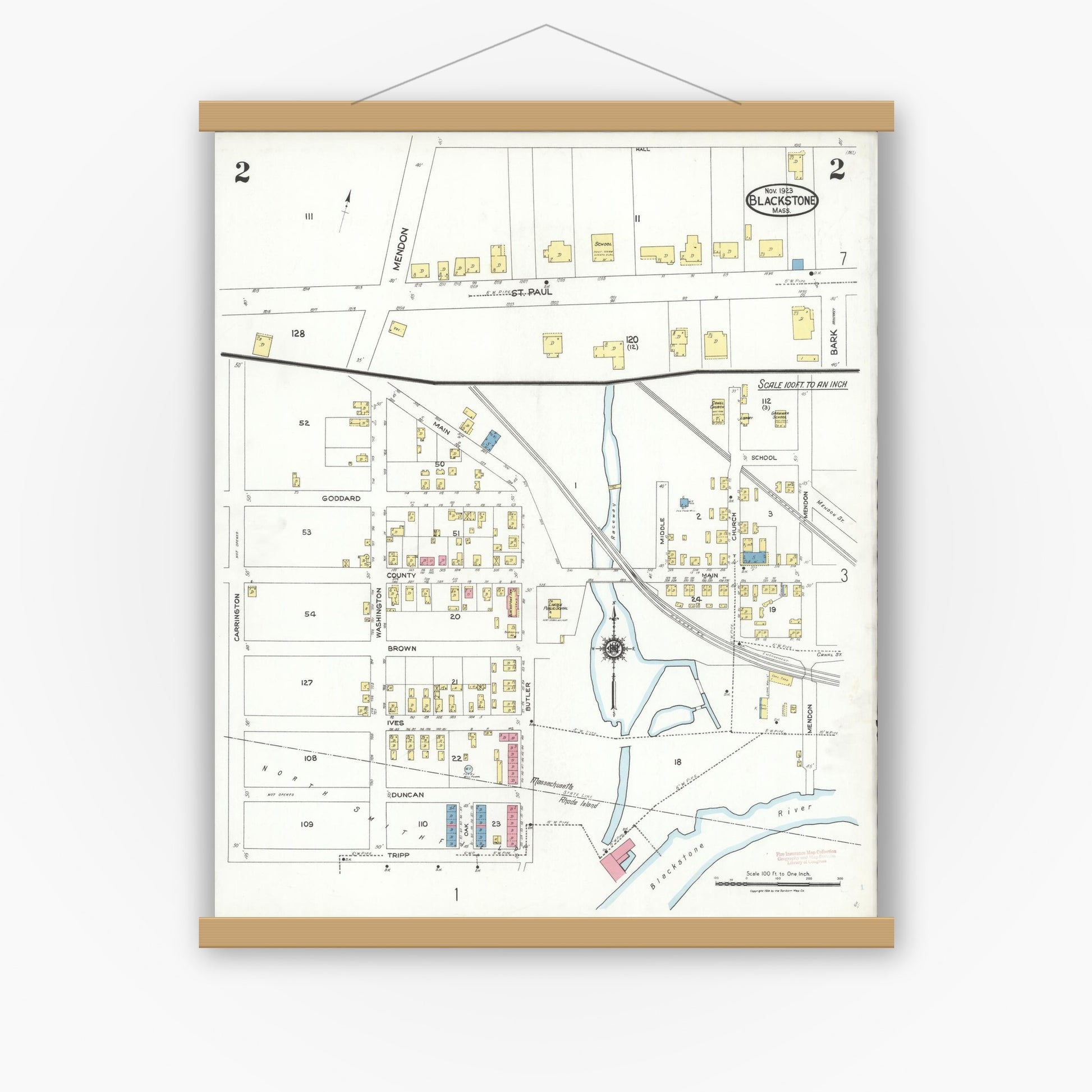 Old map wall art mockup — magnetic wood frame on white wall — Sanborn Fire Insurance Map from Blackstone, Worcester County, Massachusetts (1923), Sheet #0002