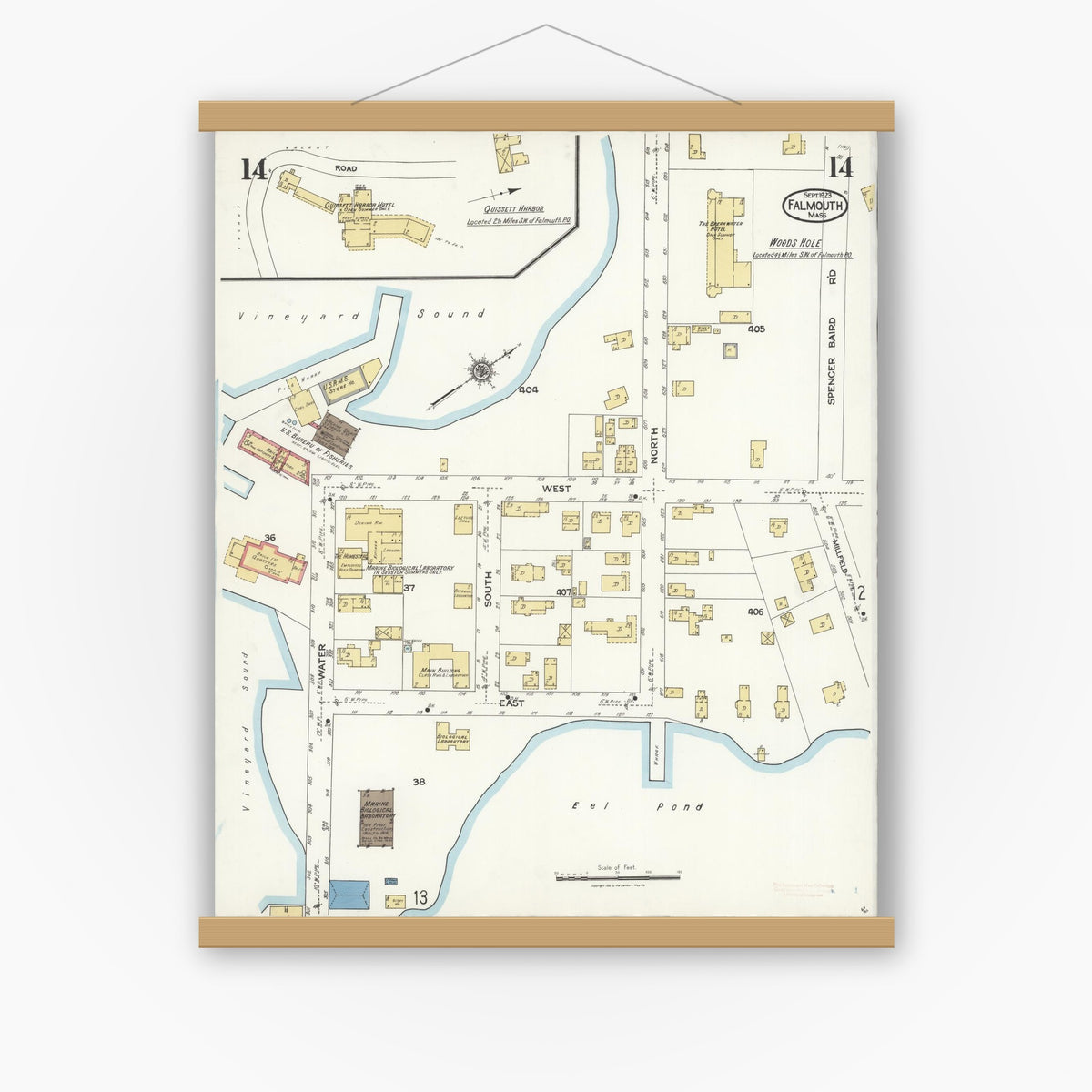 Old map wall art mockup — magnetic wood frame on white wall — Sanborn Fire Insurance Map from Falmouth, Barnstable County, Massachusetts (1923), Sheet #0014