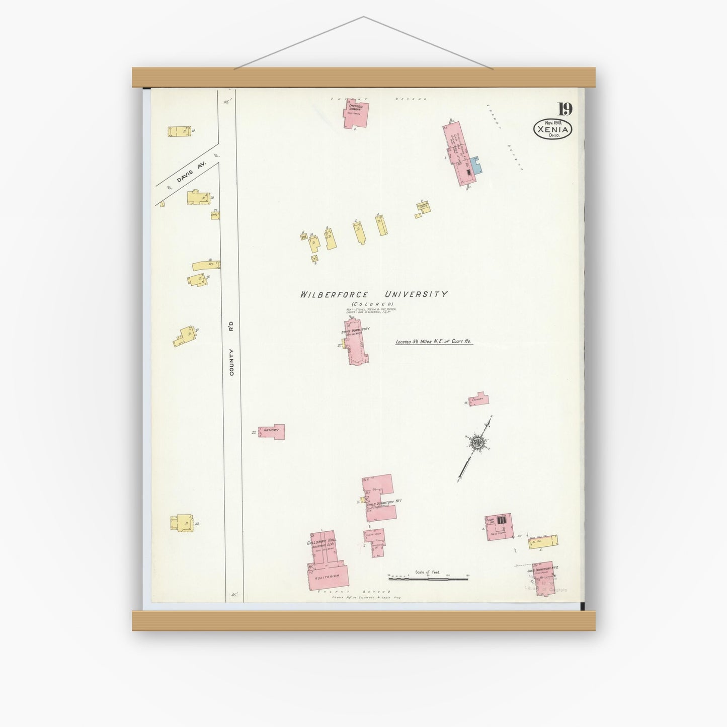 Old map wall art mockup — magnetic wood frame on white wall — Sanborn Fire Insurance Map from Xenia, Greene County, Ohio (1910), Sheet #0019