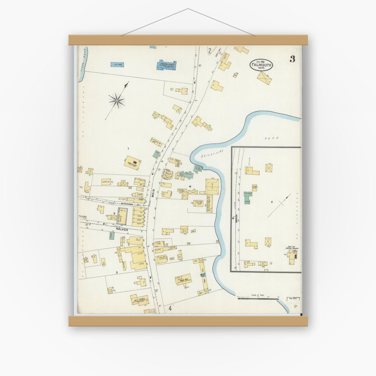 Old map wall art mockup — magnetic wood frame on white wall — Sanborn Fire Insurance Map from Falmouth, Barnstable County, Massachusetts (1906), Sheet #0003