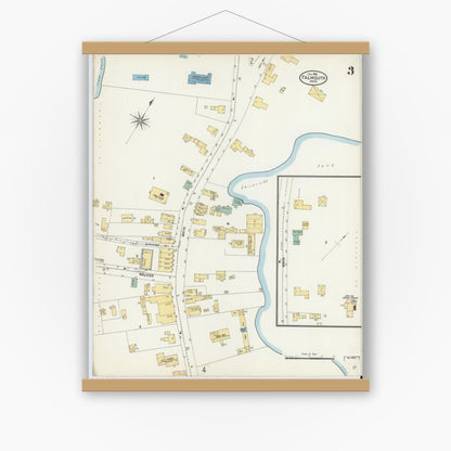 Old map wall art mockup — magnetic wood frame on white wall — Sanborn Fire Insurance Map from Falmouth, Barnstable County, Massachusetts (1906), Sheet #0003