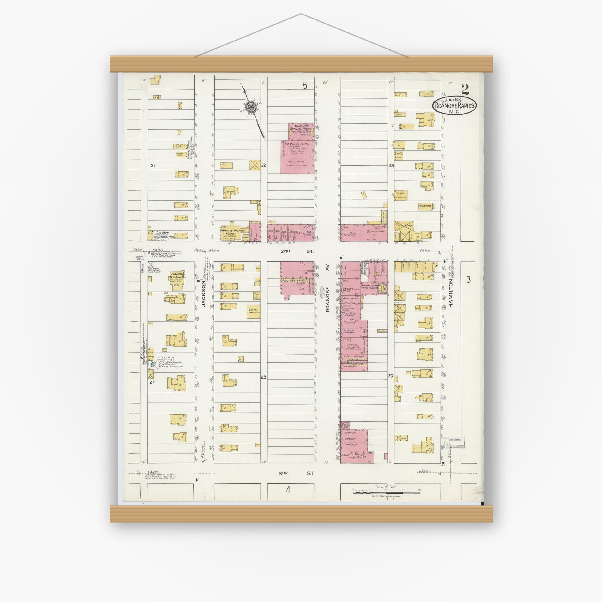 Old map wall art mockup — magnetic wood frame on white wall — Sanborn Fire Insurance Map from Roanoke Rapids, Halifax County, North Carolina (1919), Sheet #0002