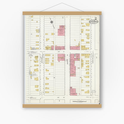Old map wall art mockup — magnetic wood frame on white wall — Sanborn Fire Insurance Map from Roanoke Rapids, Halifax County, North Carolina (1919), Sheet #0002