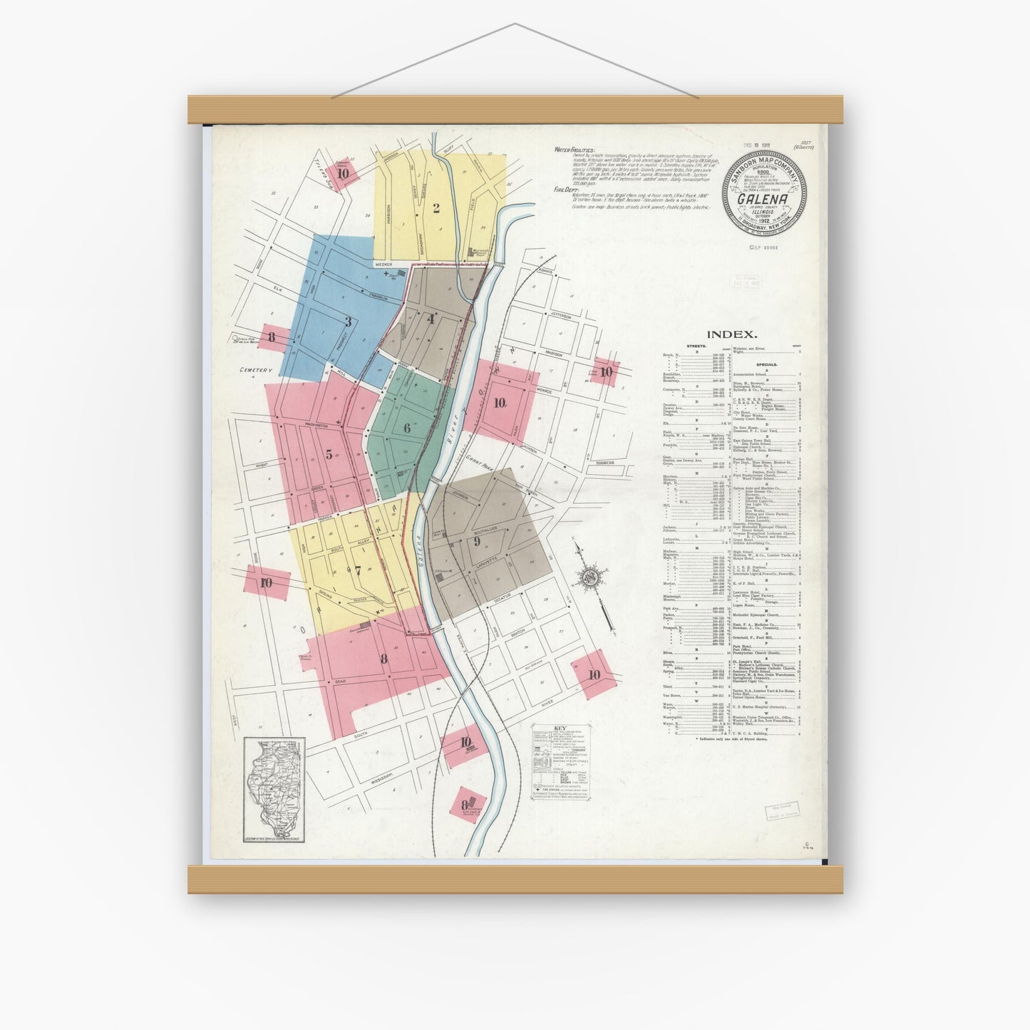 Old map wall art mockup — magnetic wood frame on white wall — Sanborn Fire Insurance Map from Galena, Jo Daviess County, Illinois (1912), Sheet #0001
