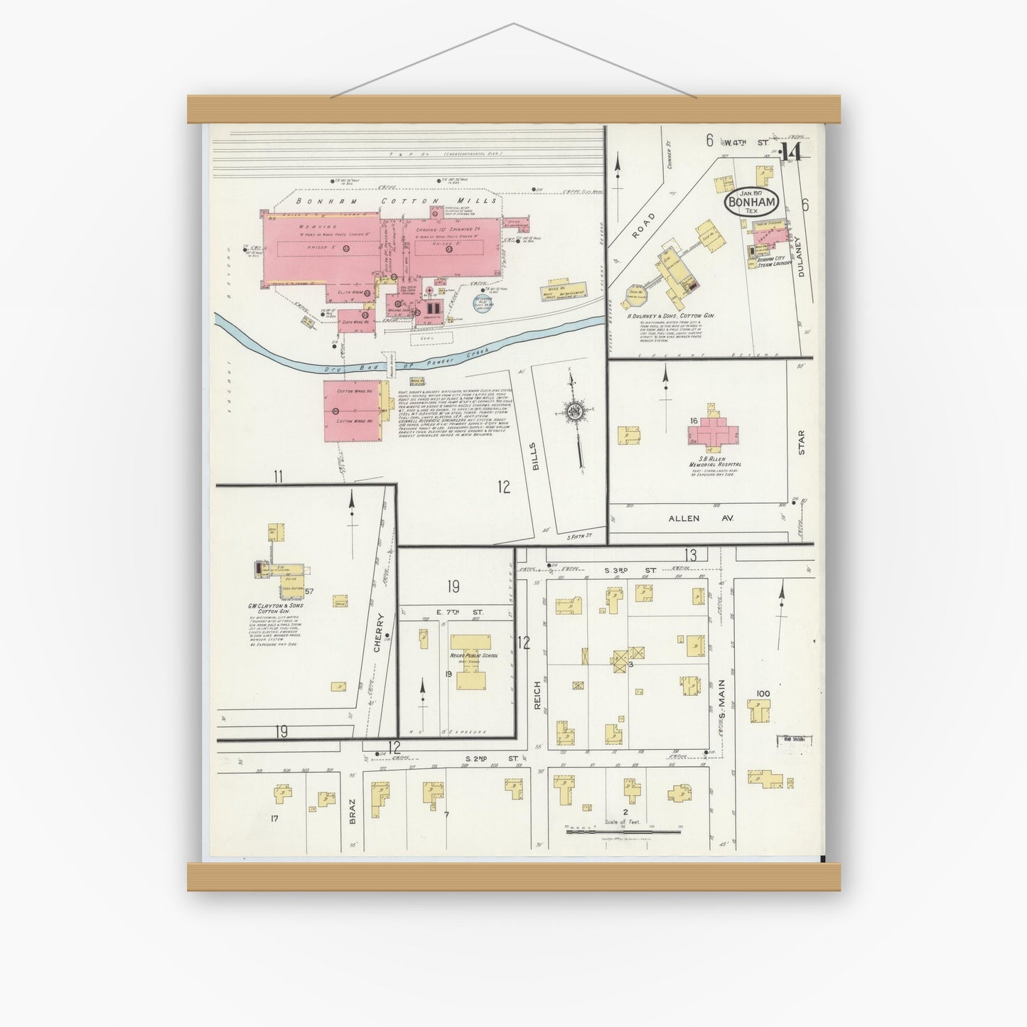 Old map wall art mockup — magnetic wood frame on white wall — Sanborn Fire Insurance Map from Bonham, Fannin County, Texas (1917), Sheet #0014