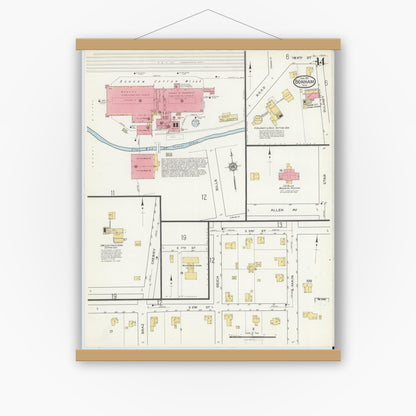 Old map wall art mockup — magnetic wood frame on white wall — Sanborn Fire Insurance Map from Bonham, Fannin County, Texas (1917), Sheet #0014