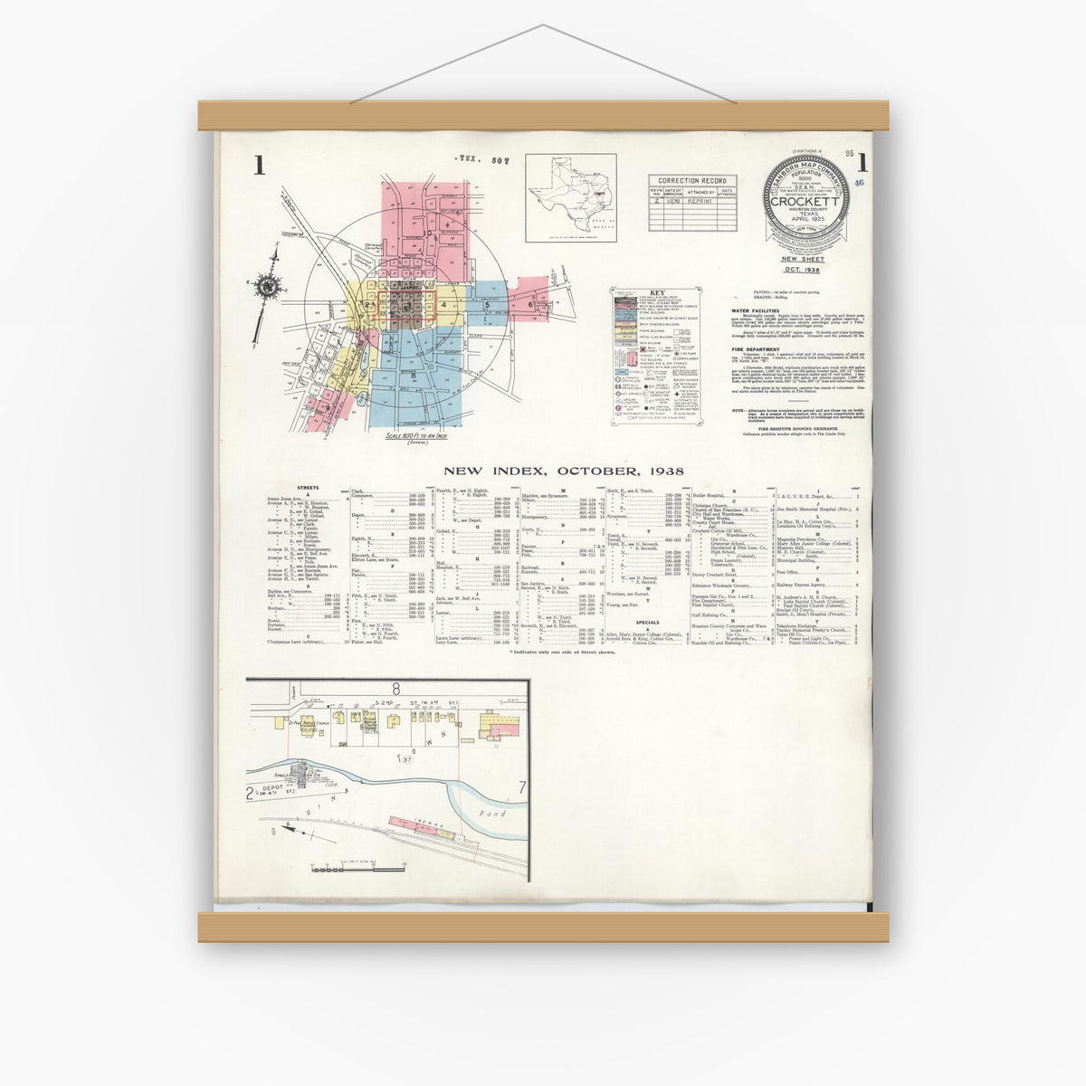 Old map wall art mockup — magnetic wood frame on white wall — Sanborn Fire Insurance Map from Crockett, Houston County, Texas (1938), Sheet #0001