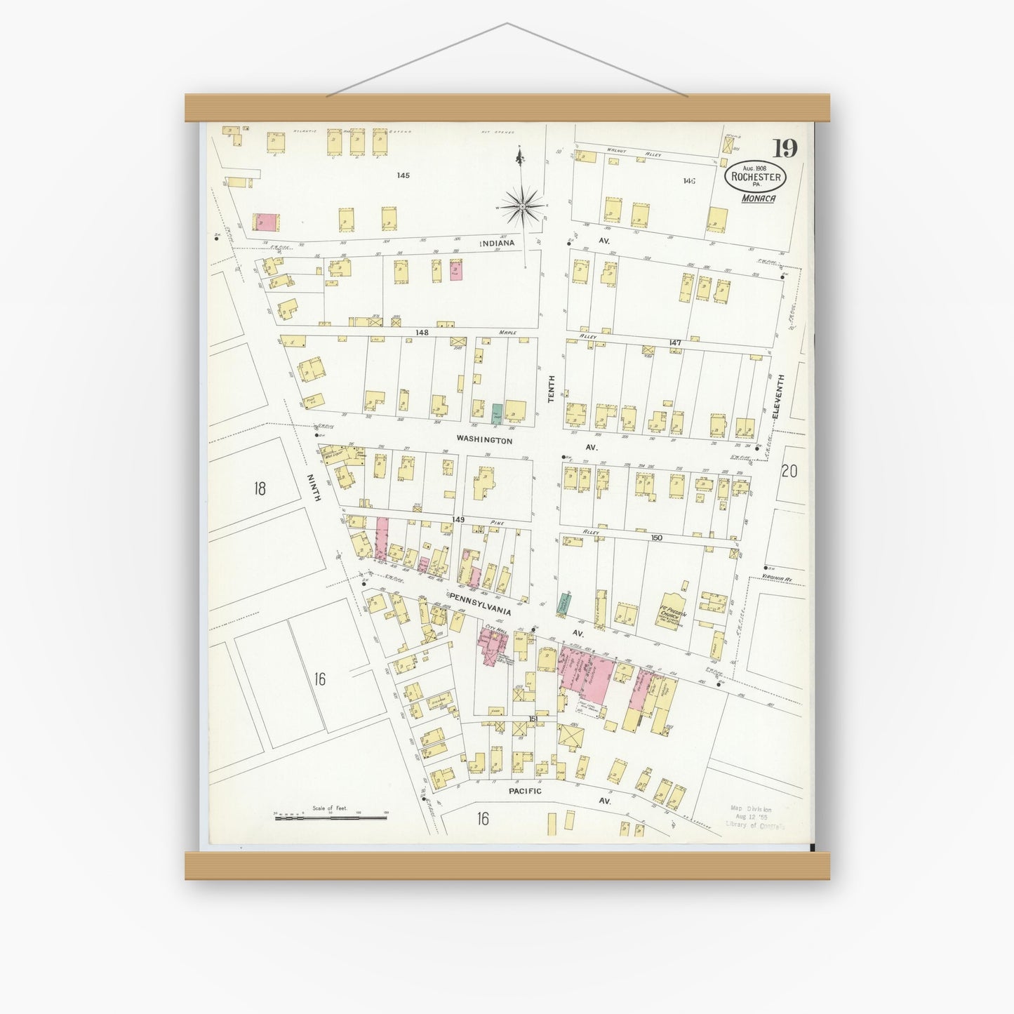 Old map wall art mockup — magnetic wood frame on white wall — Sanborn Fire Insurance Map from Rochester, Beaver County, Pennsylvania (1908), Sheet #0018