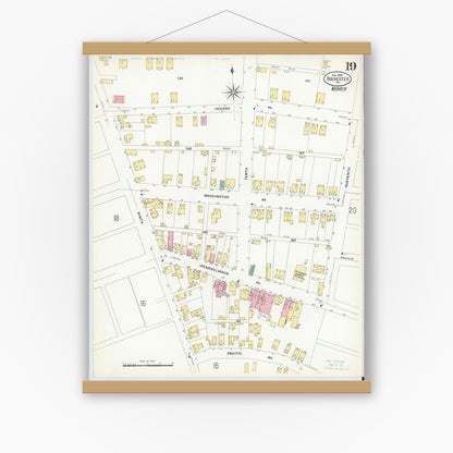 Old map wall art mockup — magnetic wood frame on white wall — Sanborn Fire Insurance Map from Rochester, Beaver County, Pennsylvania (1908), Sheet #0018