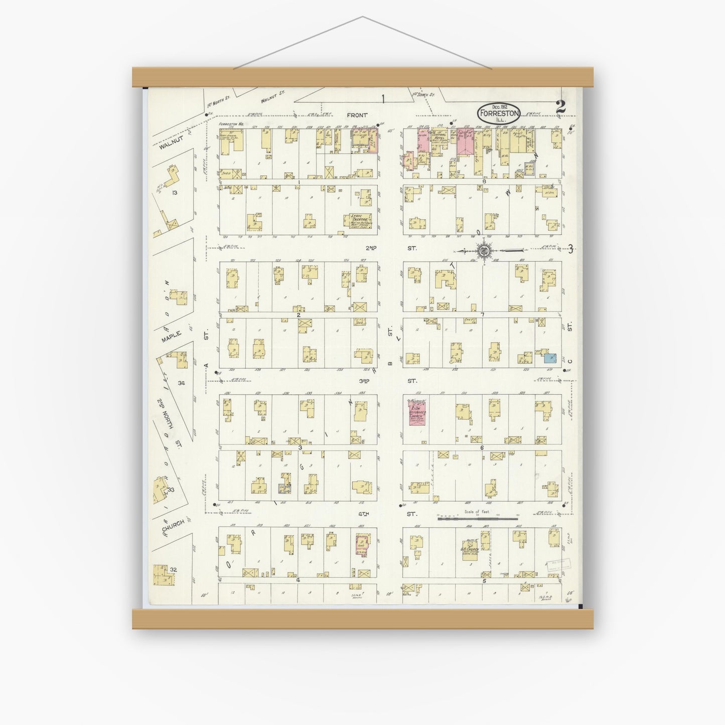 Old map wall art mockup — magnetic wood frame on white wall — Sanborn Fire Insurance Map from Forreston, Ogle County, Illinois (1912), Sheet #0002