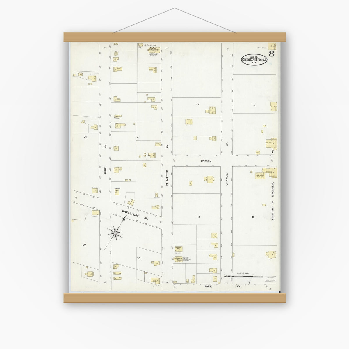 Old map wall art mockup — magnetic wood frame on white wall — Sanborn Fire Insurance Map from Green Cove Springs, Clay County, Florida (1909), Sheet #0008