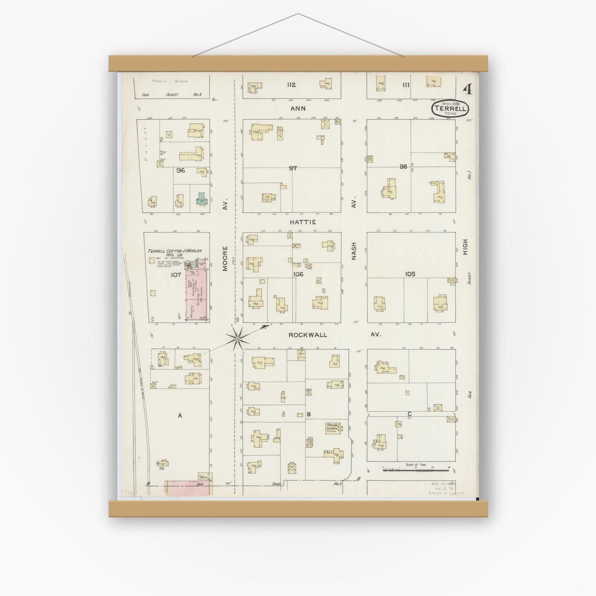 Old map wall art mockup — magnetic wood frame on white wall — Sanborn Fire Insurance Map from Terrell, Kaufman County, Texas (1888), Sheet #0004