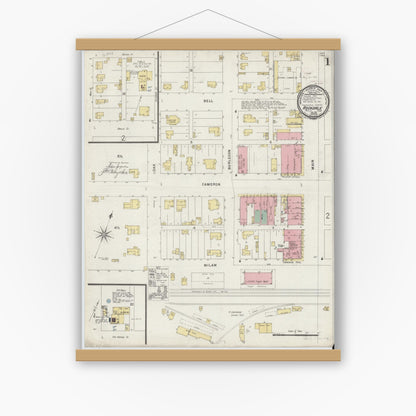 Old map wall art mockup — magnetic wood frame on white wall — Sanborn Fire Insurance Map from Rockdale, Milam County, Texas (1896), Sheet #0001