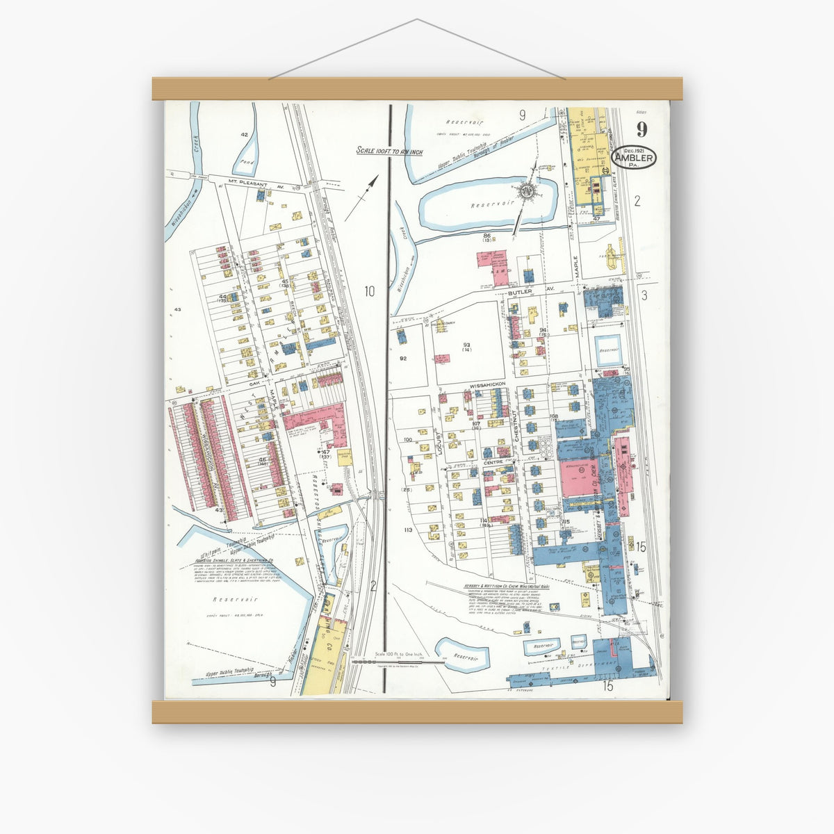 Old map wall art mockup — magnetic wood frame on white wall — Sanborn Fire Insurance Map from Ambler, Montgomery County, Pennsylvania (1921), Sheet #0009