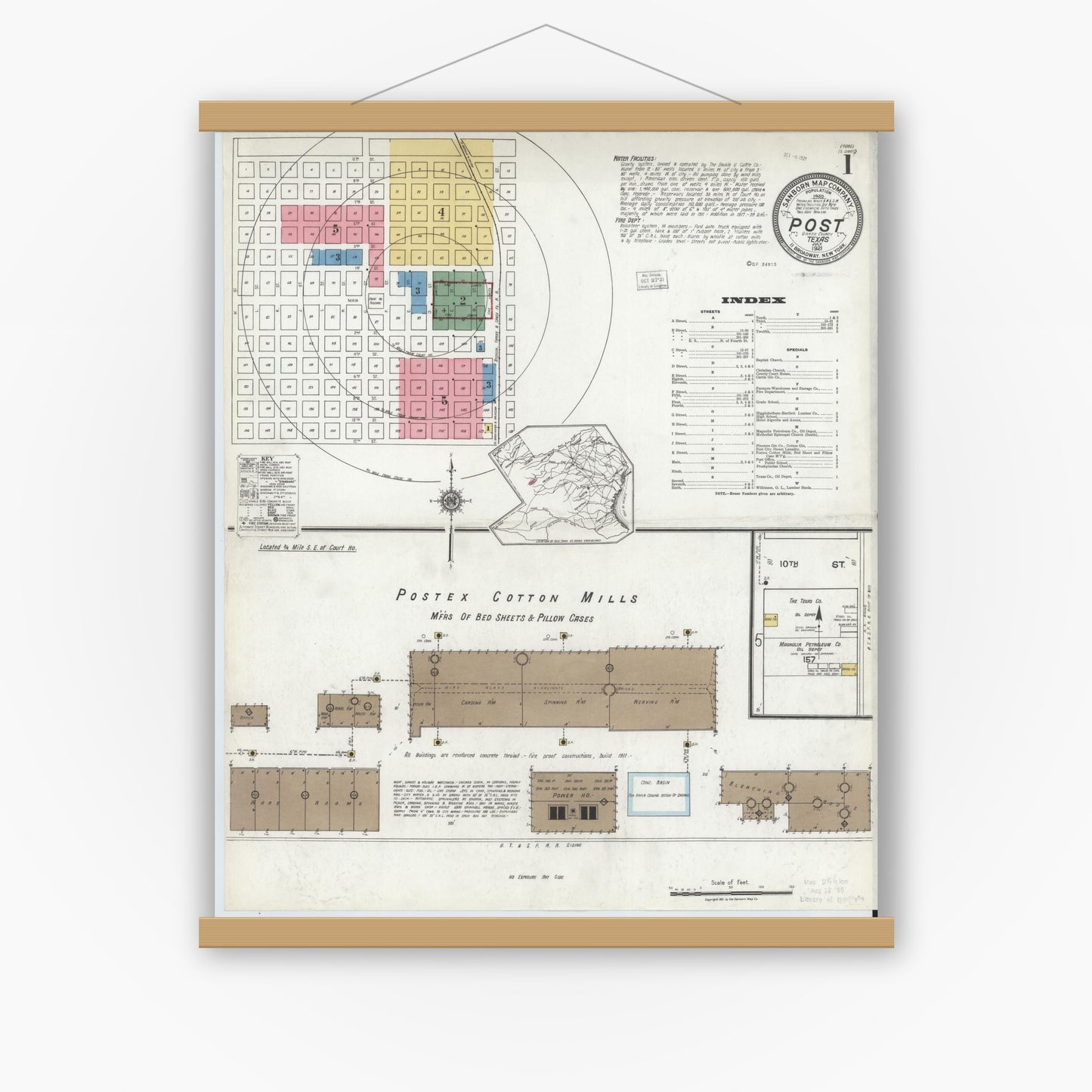Old map wall art mockup — magnetic wood frame on white wall — Sanborn Fire Insurance Map from Post, Garza County, Texas (1921), Sheet #0001