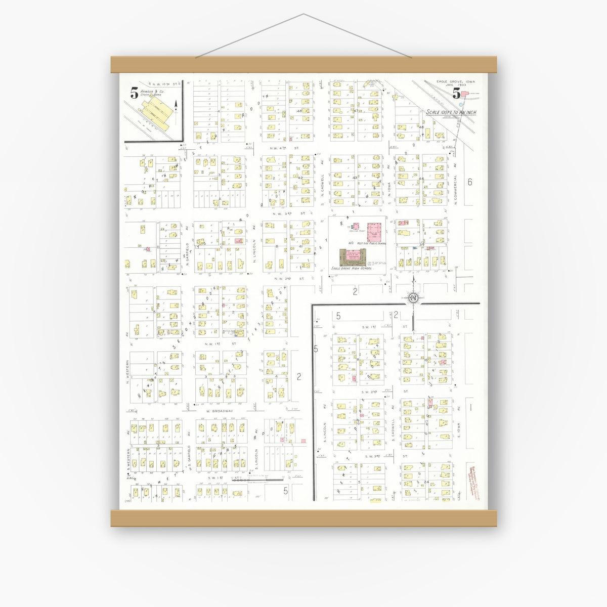 Old map wall art mockup — magnetic wood frame on white wall — Sanborn Fire Insurance Map from Eagle Grove, Wright County, Iowa (1933), Sheet #0005