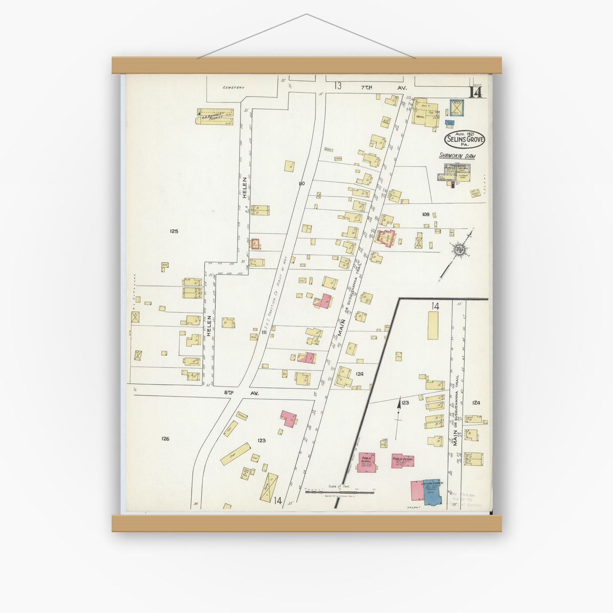 Old map wall art mockup — magnetic wood frame on white wall — Sanborn Fire Insurance Map from Selins Grove, Snyder County, Pennsylvania (1921), Sheet #0014