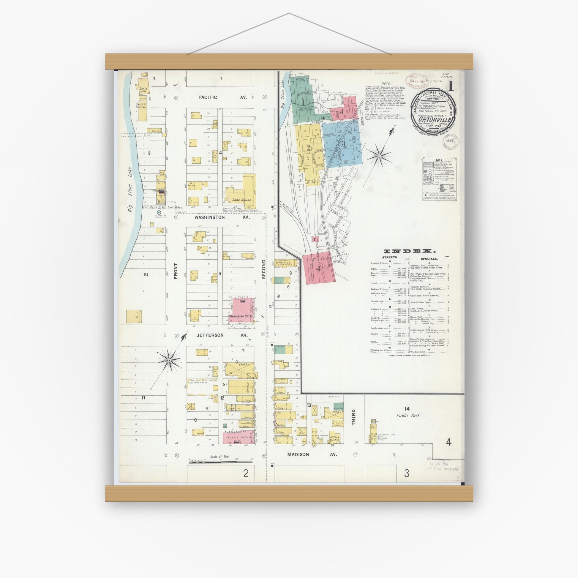 Old map wall art mockup — magnetic wood frame on white wall — Sanborn Fire Insurance Map from Ortonville, Big Stone County, Minnesota (1899), Sheet #0001