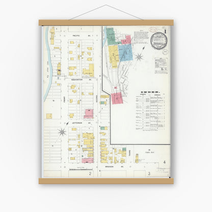 Old map wall art mockup — magnetic wood frame on white wall — Sanborn Fire Insurance Map from Ortonville, Big Stone County, Minnesota (1899), Sheet #0001