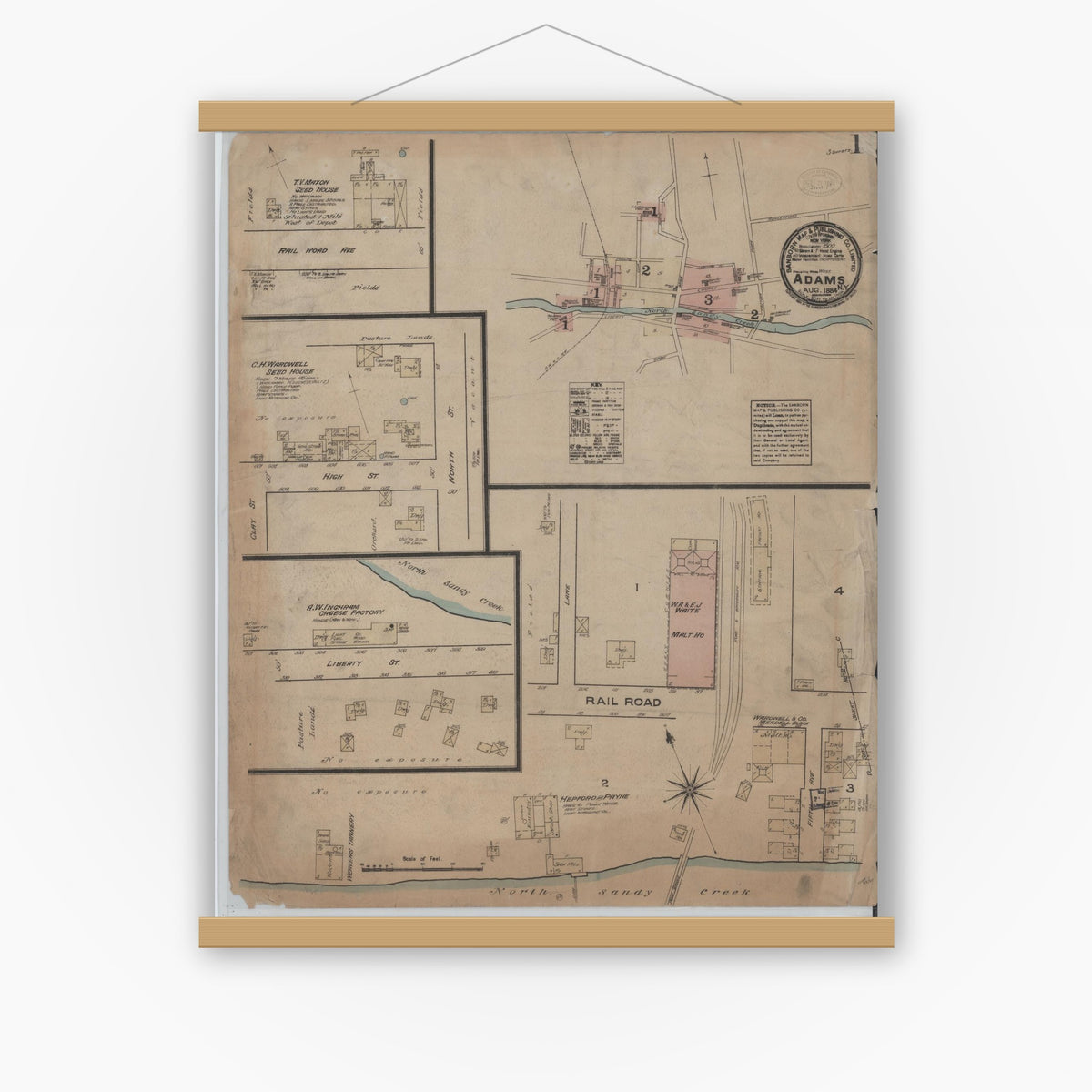Old map wall art mockup — magnetic wood frame on white wall — Sanborn Fire Insurance Map from Adams, Jefferson County, New York (1884) - Complete Map Set