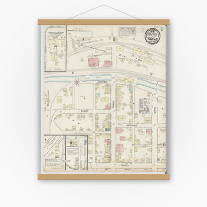Old map wall art mockup — magnetic wood frame on white wall — Sanborn Fire Insurance Map from Irwin, Westmoreland County, Pennsylvania (1884), Sheet #0001