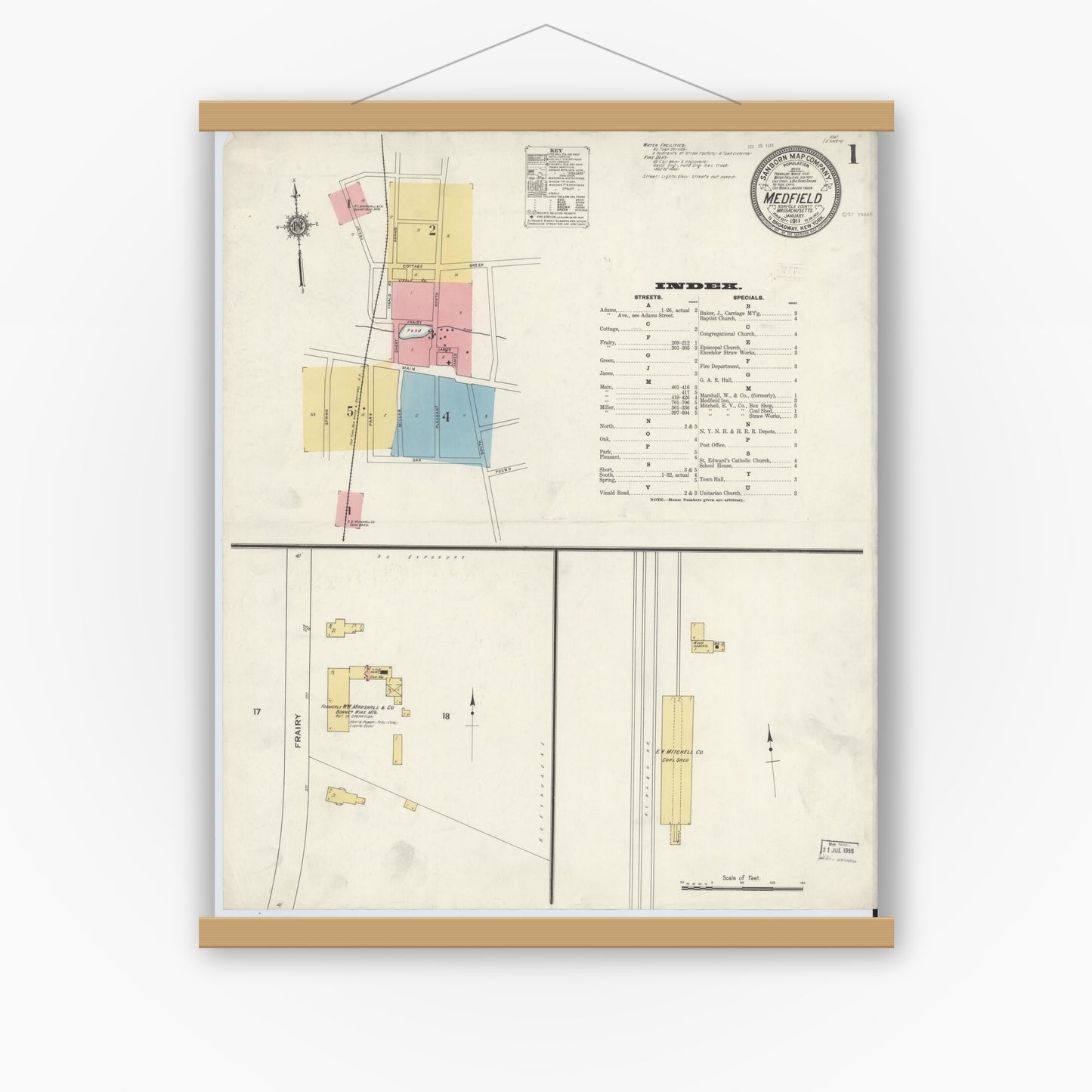 Old map wall art mockup — magnetic wood frame on white wall — Sanborn Fire Insurance Map from Medfield, Norfolk County, Massachusetts (1911) - Complete Map Set