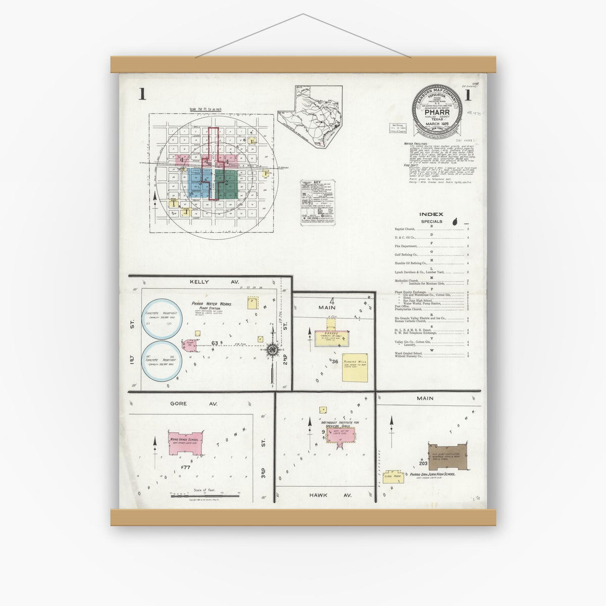 Old map wall art mockup — magnetic wood frame on white wall — Sanborn Fire Insurance Map from Pharr, Hidalgo County, Texas (1925) - Complete Map Set