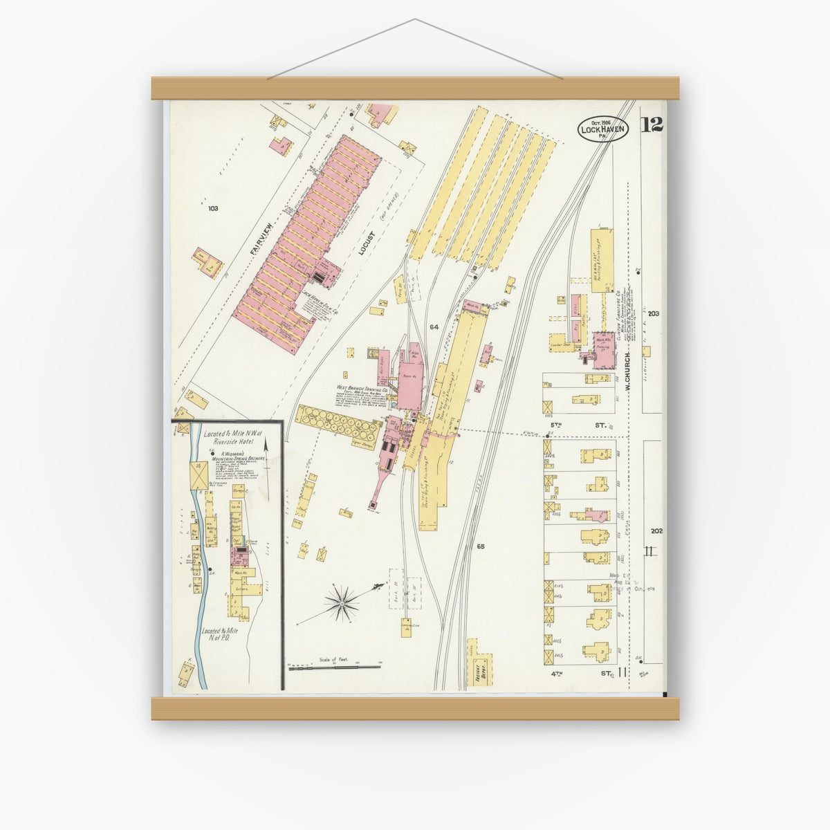Old map wall art mockup — magnetic wood frame on white wall — Sanborn Fire Insurance Map from Lock Haven, Clinton County, Pennsylvania (1906), Sheet #0012