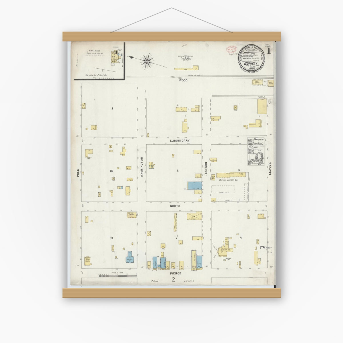 Old map wall art mockup — magnetic wood frame on white wall — Sanborn Fire Insurance Map from Burnet, Burnet County, Texas (1896) - Complete Map Set