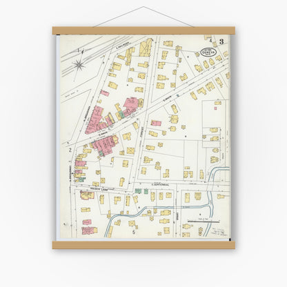 Old map wall art mockup — magnetic wood frame on white wall — Sanborn Fire Insurance Map from Geneva, Ashtabula County, Ohio (1904), Sheet #0003