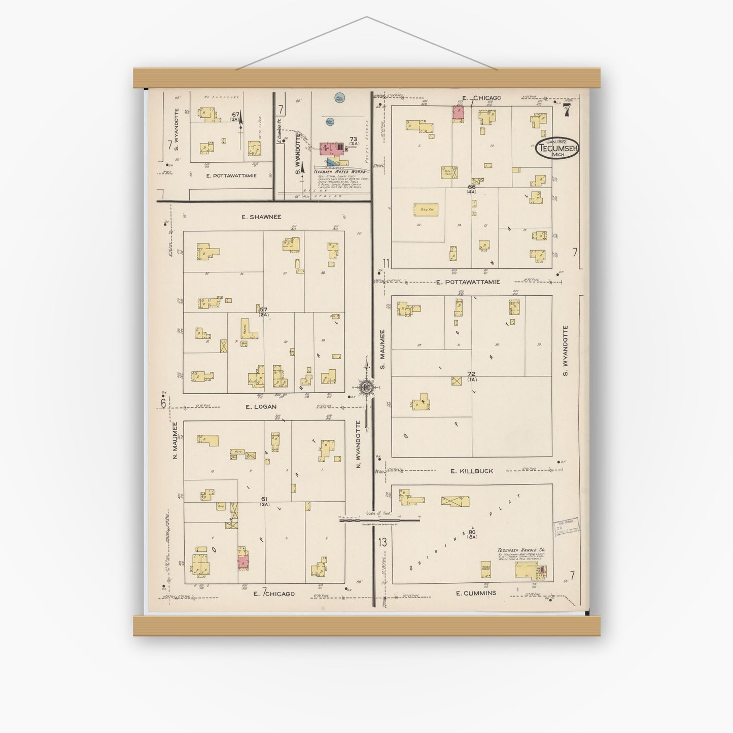 Old map wall art mockup — magnetic wood frame on white wall — Sanborn Fire Insurance Map from Tecumseh, Lenawee County, Michigan (1922), Sheet #0007