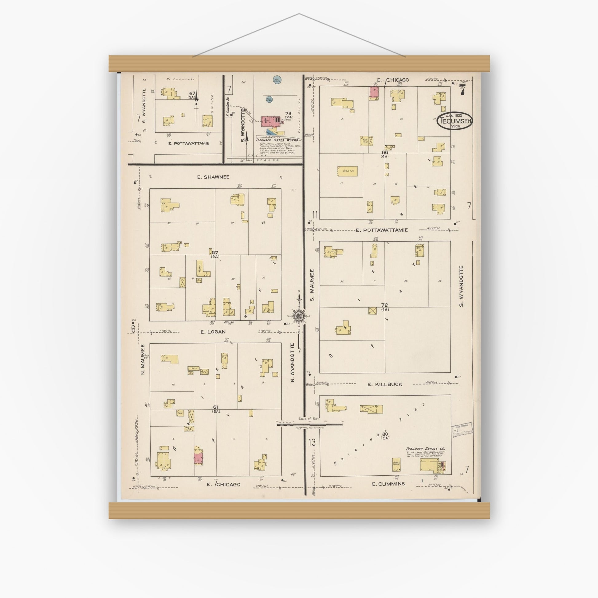 Old map wall art mockup — magnetic wood frame on white wall — Sanborn Fire Insurance Map from Tecumseh, Lenawee County, Michigan (1922), Sheet #0007