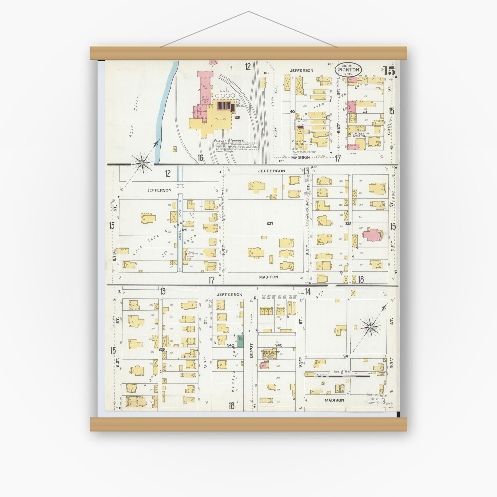 Old map wall art mockup — magnetic wood frame on white wall — Sanborn Fire Insurance Map from Ironton, Lawrence County, Ohio (1904), Sheet #0015