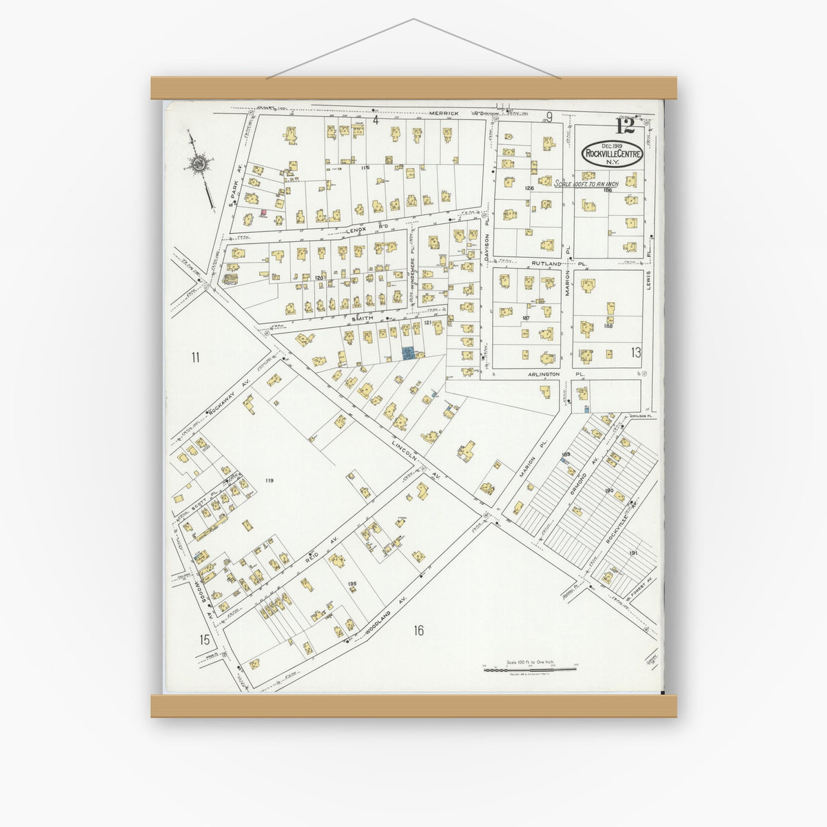 Old map wall art mockup — magnetic wood frame on white wall — Sanborn Fire Insurance Map from Rockville Centre, Nassau County, New York (1919), Sheet #0012