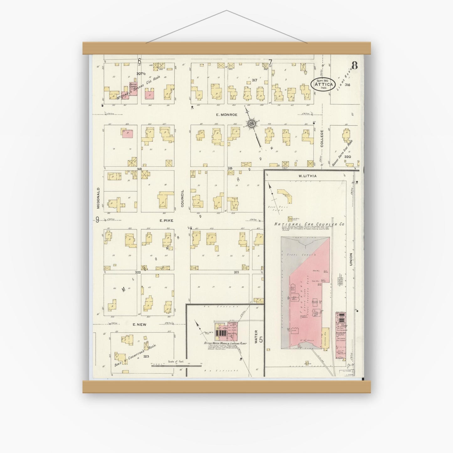 Old map wall art mockup — magnetic wood frame on white wall — Sanborn Fire Insurance Map from Attica, Fountain County, Indiana (1910), Sheet #0008