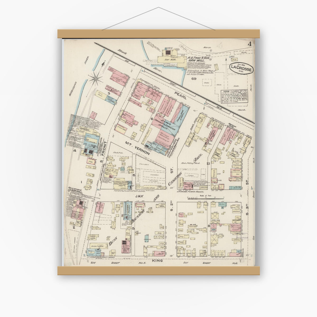 Old map wall art mockup — magnetic wood frame on white wall — Sanborn Fire Insurance Map from La Crosse, La Crosse County, Wisconsin (1884), Sheet #0004
