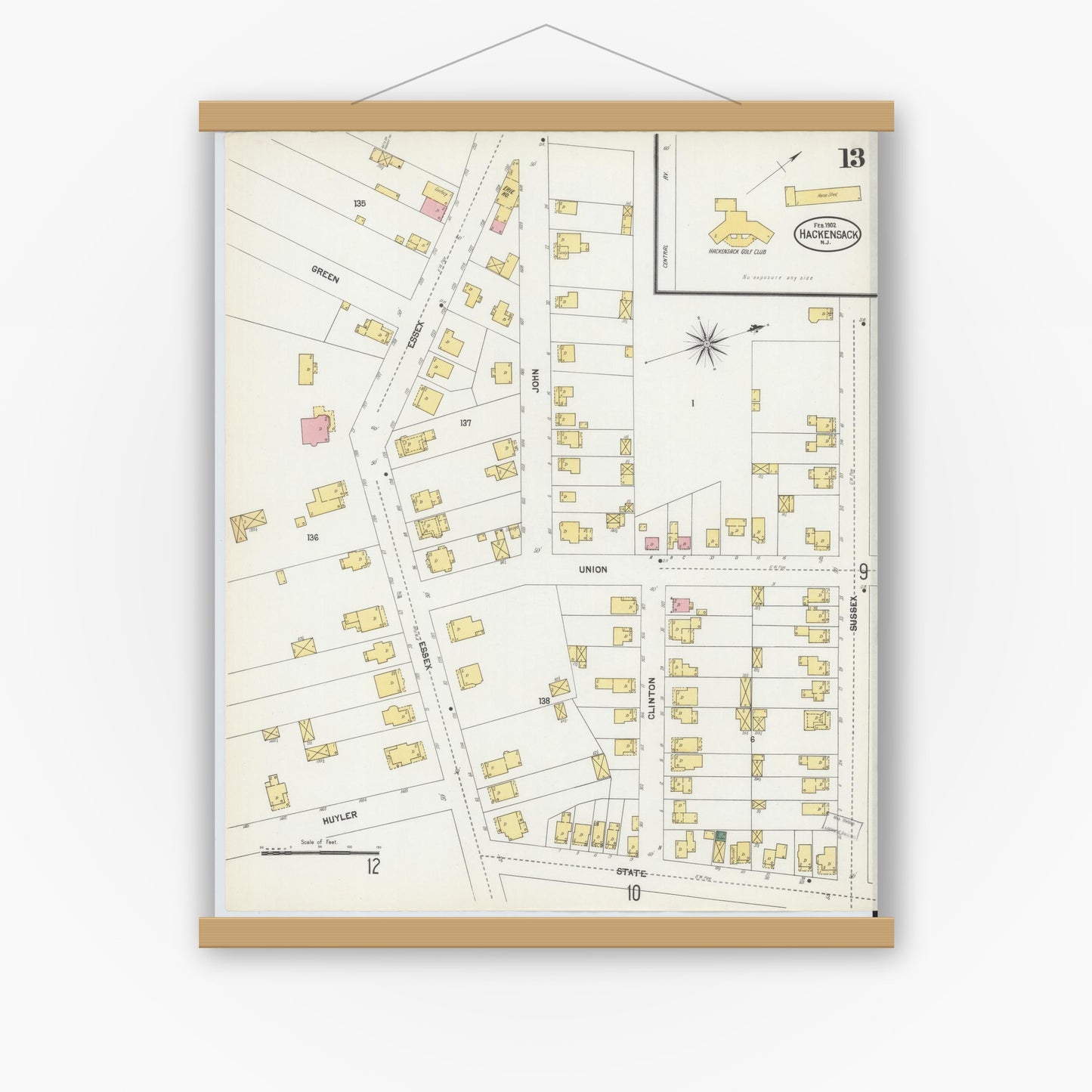 Old map wall art mockup — magnetic wood frame on white wall — Sanborn Fire Insurance Map from Hackensack, Bergen County, New Jersey (1902), Sheet #0013