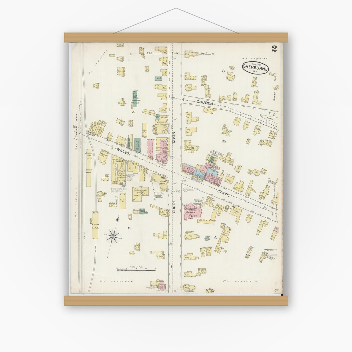 Old map wall art mockup — magnetic wood frame on white wall — Sanborn Fire Insurance Map from Sherburne, Chenango County, New York (1887), Sheet #0002