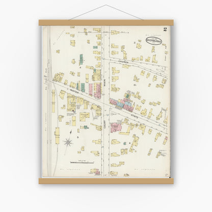 Old map wall art mockup — magnetic wood frame on white wall — Sanborn Fire Insurance Map from Sherburne, Chenango County, New York (1887), Sheet #0002