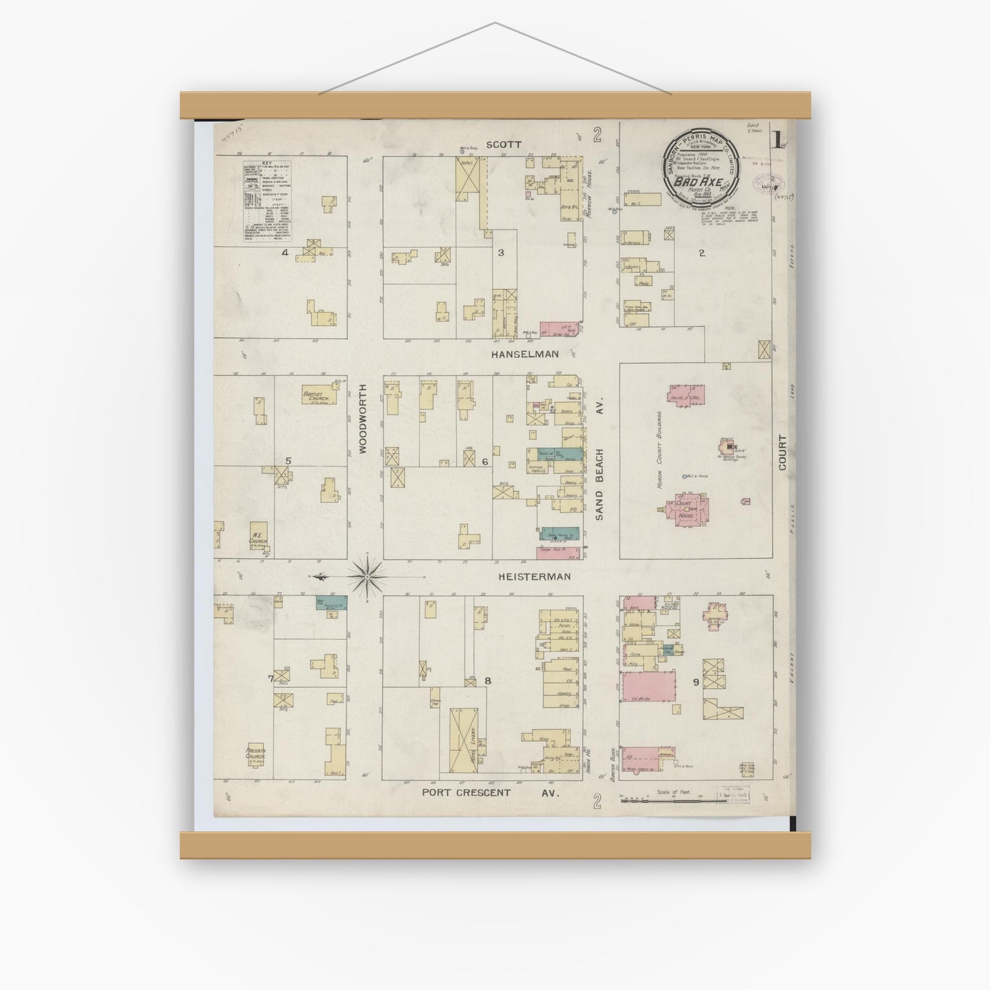 Old map wall art mockup — magnetic wood frame on white wall — Sanborn Fire Insurance Map from Bad Axe, Huron County, Michigan (1893), Sheet #0001