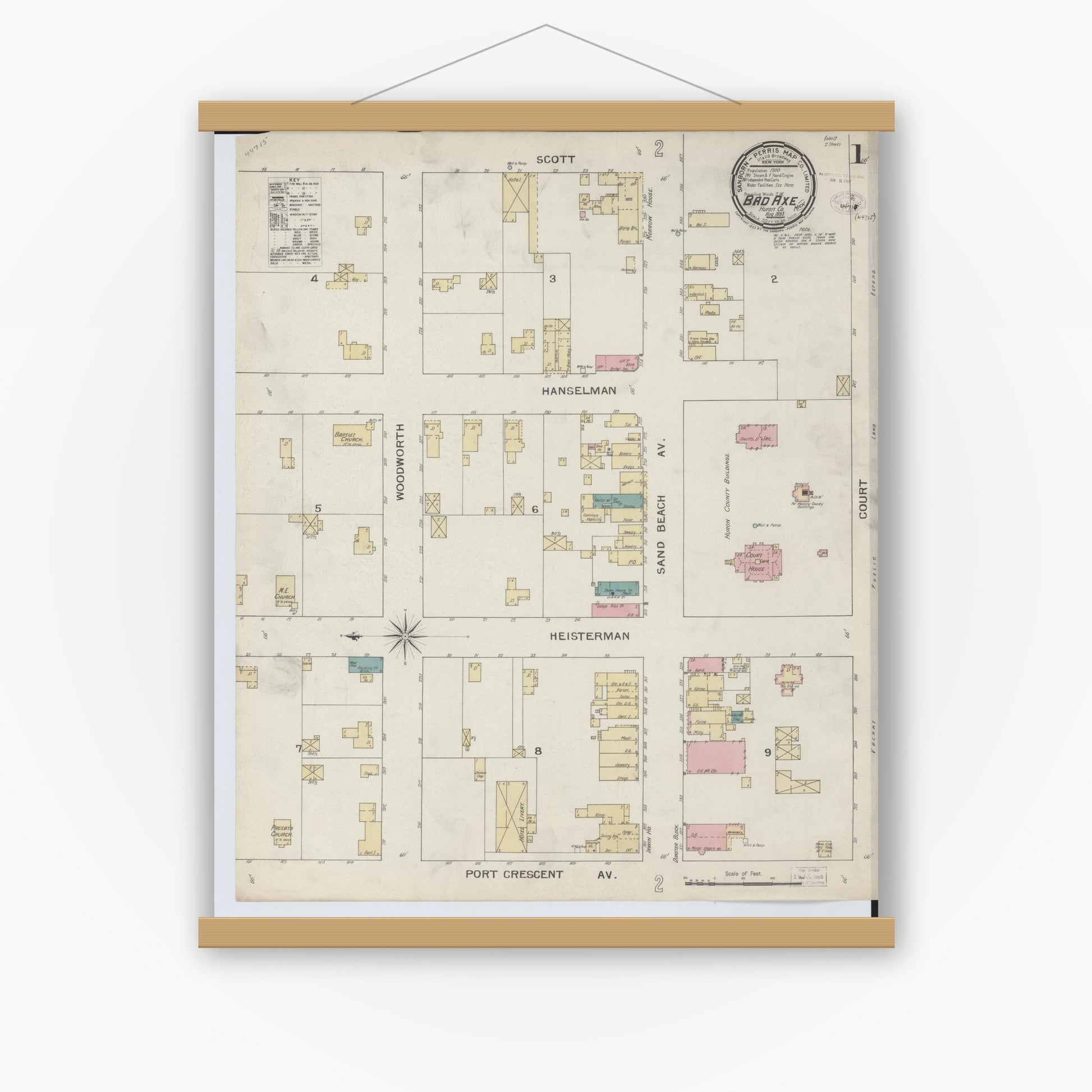 Old map wall art mockup — magnetic wood frame on white wall — Sanborn Fire Insurance Map from Bad Axe, Huron County, Michigan (1893), Sheet #0001