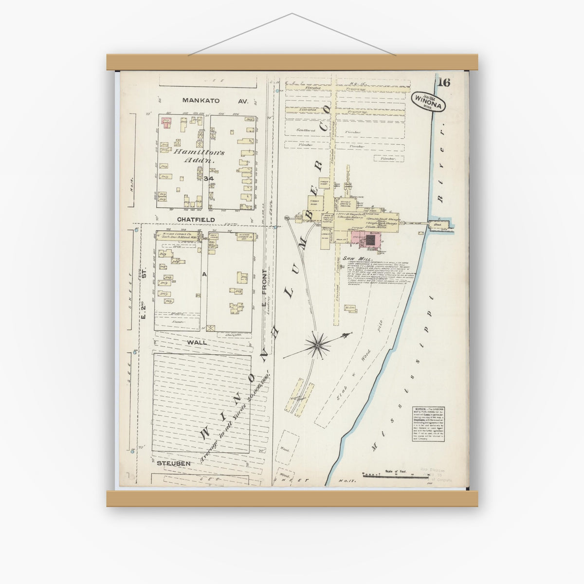 Old map wall art mockup — magnetic wood frame on white wall — Sanborn Fire Insurance Map from Winona, Winona County, Minnesota (1884), Sheet #0016