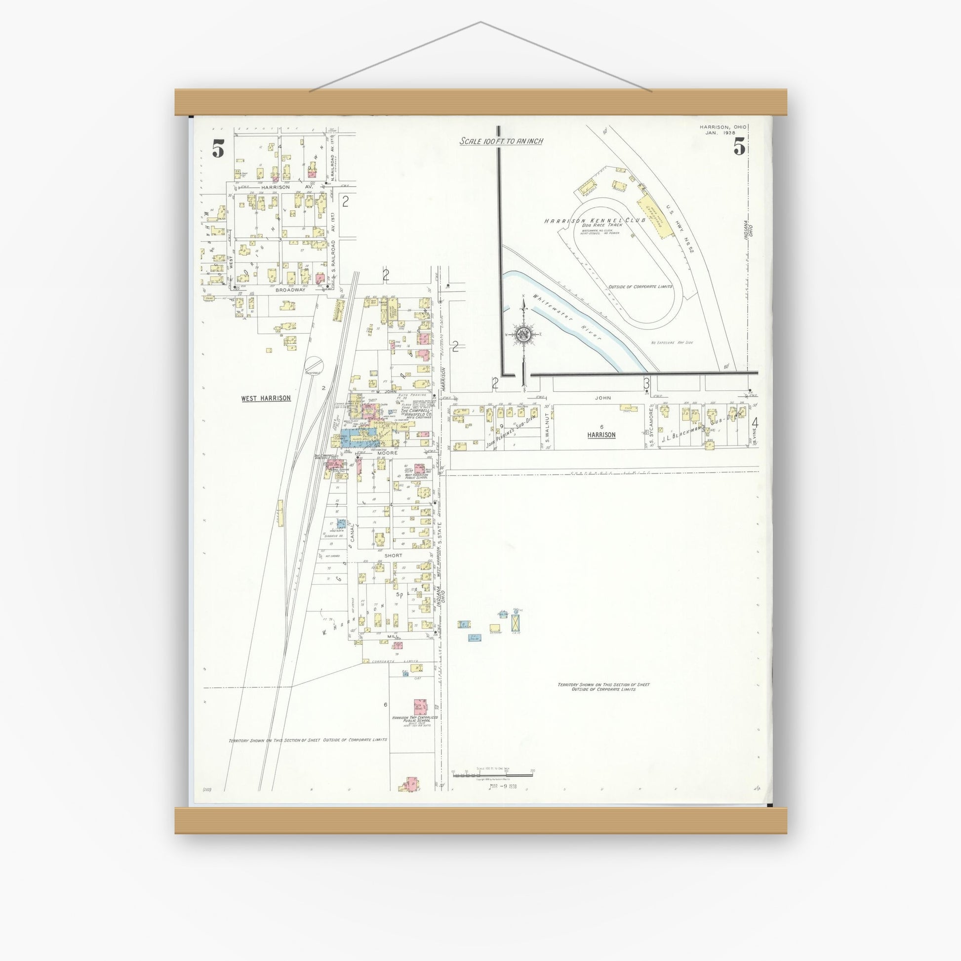 Old map wall art mockup — magnetic wood frame on white wall — Sanborn Fire Insurance Map from Harrison, Hamilton County, Ohio (1938), Sheet #0005