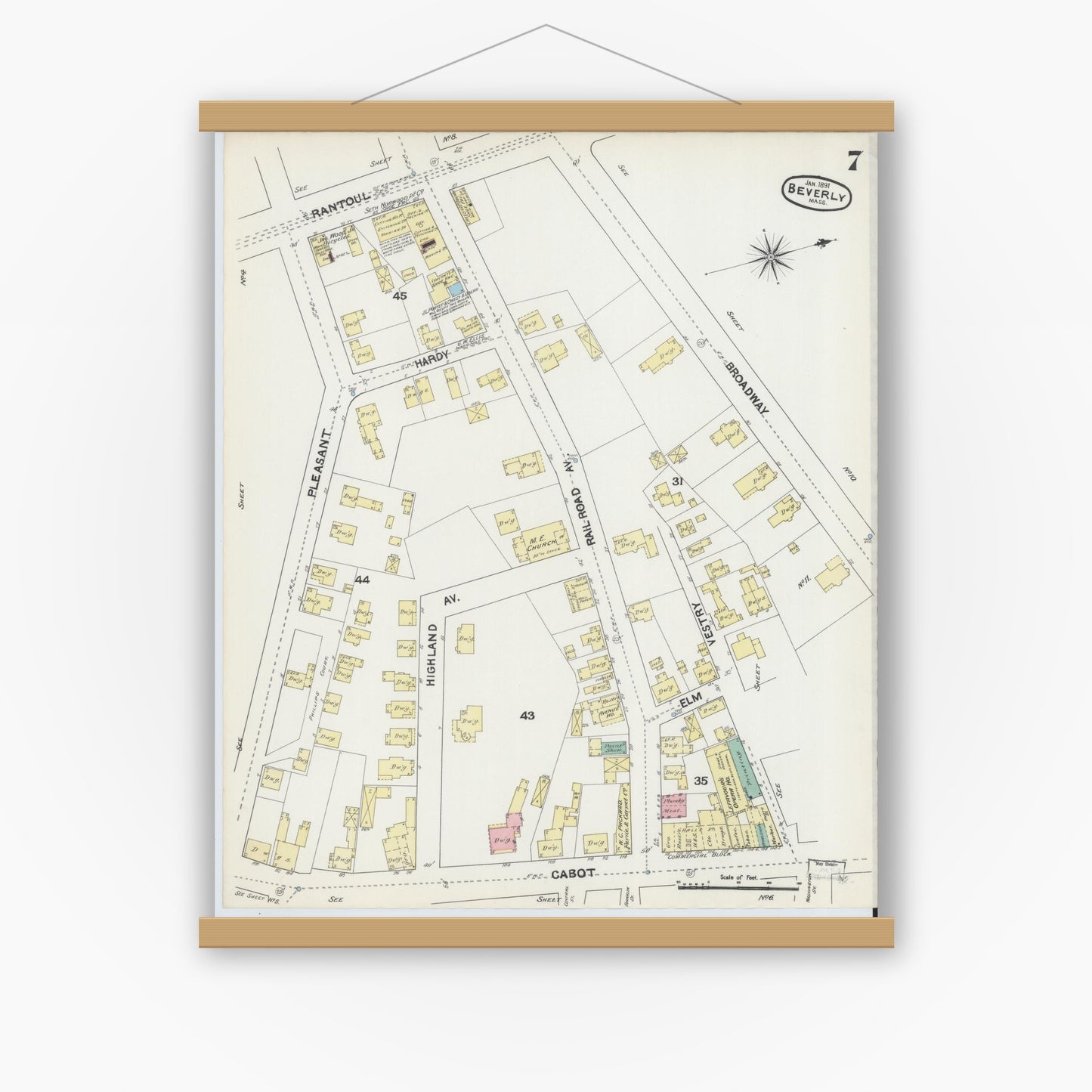 Old map wall art mockup — magnetic wood frame on white wall — Sanborn Fire Insurance Map from Beverly, Essex County, Massachusetts (1891), Sheet #0007