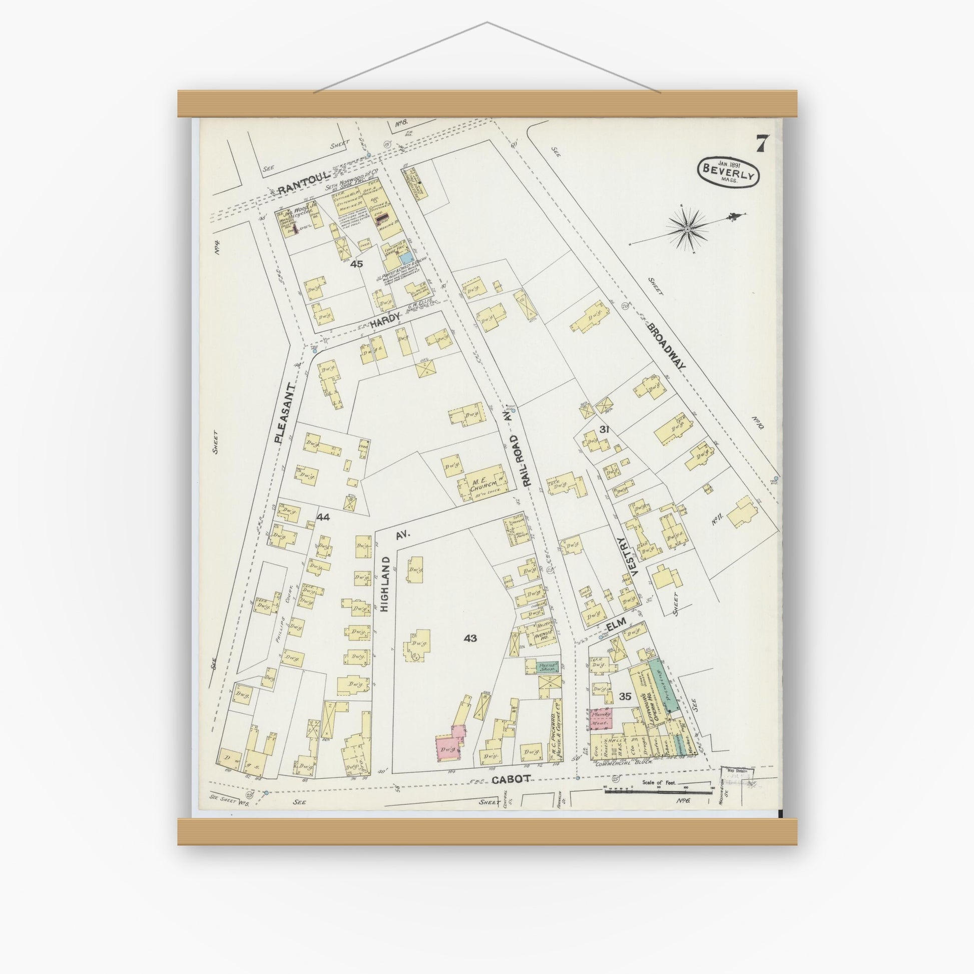 Old map wall art mockup — magnetic wood frame on white wall — Sanborn Fire Insurance Map from Beverly, Essex County, Massachusetts (1891), Sheet #0007