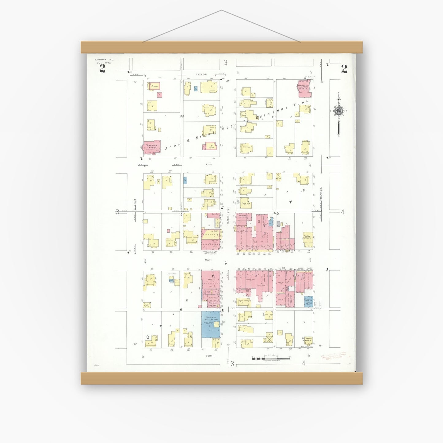 Old map wall art mockup — magnetic wood frame on white wall — Sanborn Fire Insurance Map from Ladoga, Montgomery County, Indiana (1942), Sheet #0002