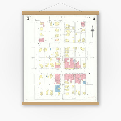 Old map wall art mockup — magnetic wood frame on white wall — Sanborn Fire Insurance Map from Ladoga, Montgomery County, Indiana (1942), Sheet #0002