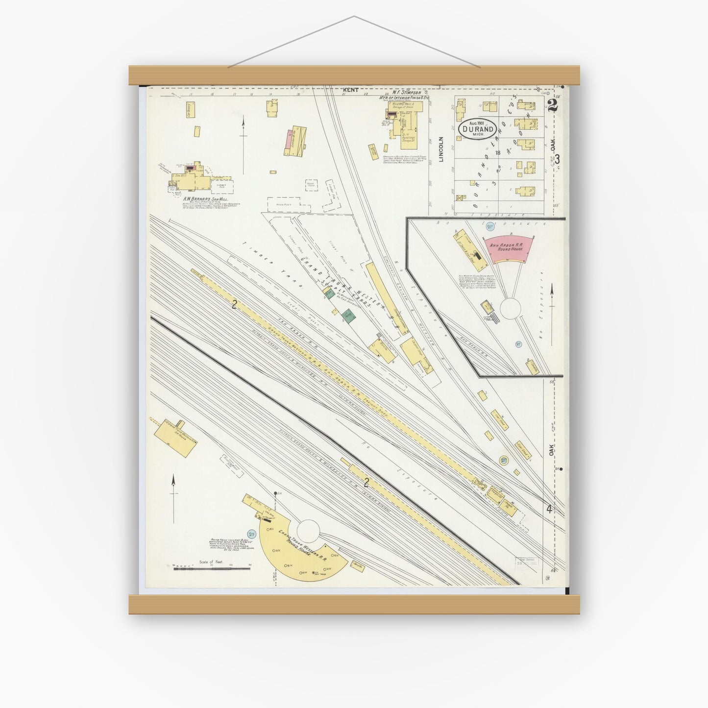 Old map wall art mockup — magnetic wood frame on white wall — Sanborn Fire Insurance Map from Durand, Shiawassee County, Michigan (1901), Sheet #0002
