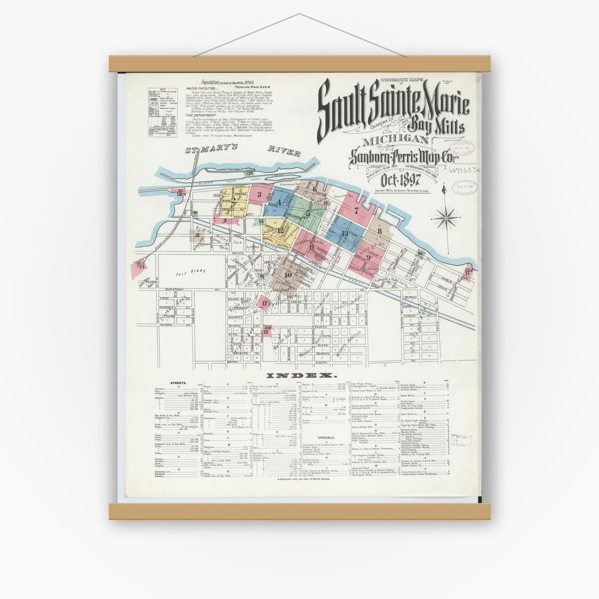 Old map wall art mockup — magnetic wood frame on white wall — Sanborn Fire Insurance Map from Sault Sainte Marie, Chippewa County, Michigan (1897), Sheet #0001