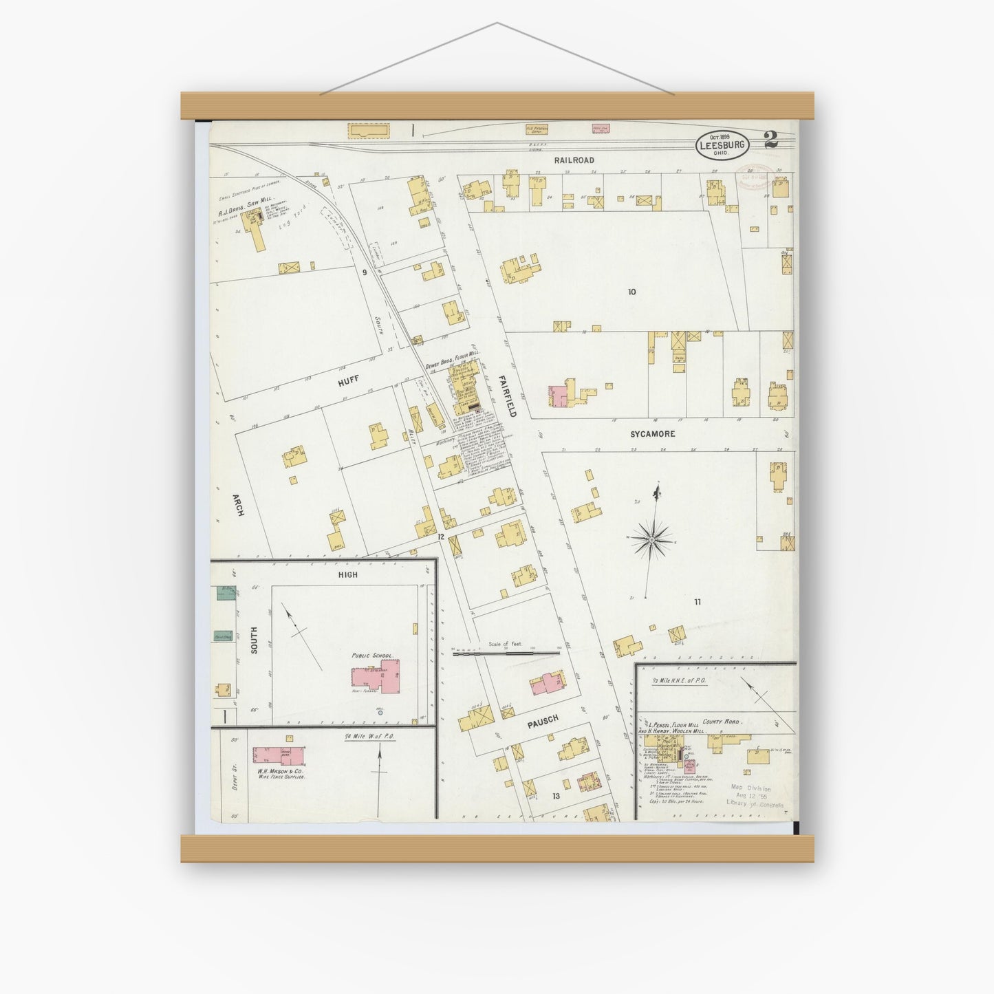 Old map wall art mockup — magnetic wood frame on white wall — Sanborn Fire Insurance Map from Leesburg, Highland County, Ohio (1899), Sheet #0002